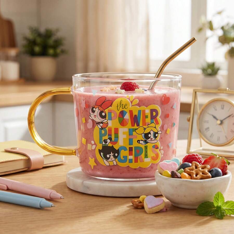 THE POWERPUFF GIRLS 1 chiếc cốc thủy tinh chịu nhiệt, bóng, in hình hoạt hình dễ thương, dung tích 18.25oz/520ml, thích hợp đựng sữa, nước ép, cà phê, hình trái tim, bong bóng, hoa, cà rốt, quà tặng sáng tạo. - Nhiều màu - Xem 1