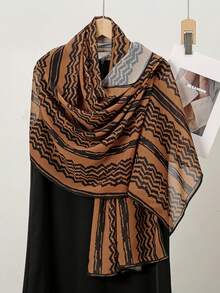 1 Pc Printed Fashionable And Versatile Chiffon Headscarf, Women's Long Scarf Draped Over Shawl, Lightweight And Breathable - YW339-2# Light Brown - View 7