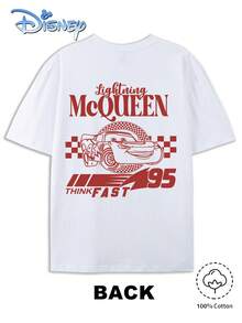 Unisex 100% Cotton T-Shirt For Teenagers. Disney Cars Lightning McQueen Line Drawing Retro Print. American Racing Style. 100% Pure Cotton, Breathable And Sweat-Absorbent. Loose, Drop-Shoulder Fit. Suitable For Racing Enthusiasts, Everyday Wear, School Uniforms, And Summer Unisex Crew Neck Short-Sleeved Top. - 白色 - 查看 3