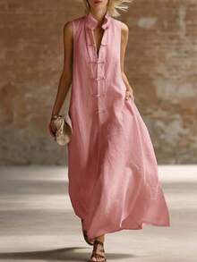 2026 New European And American Fashion Stand Collar Frog Button Loose Linen Cotton Long Dress - Pink - View 12