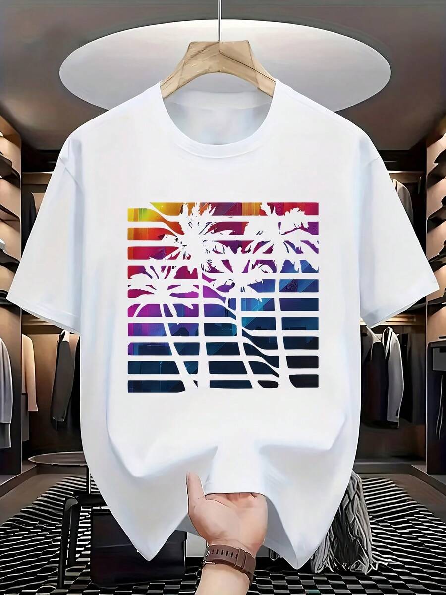 Camiseta informal para hombre con diseño de palmeras y puesta de sol tropical en negro: top informal de manga corta y cuello redondo para exteriores, cómoda camiseta de manga corta y cuello redondo, ropa de primavera y verano, adecuada para cualquier ocasión, color liso, informal, para viajes y para uso diario. - Blanco - Ver 1