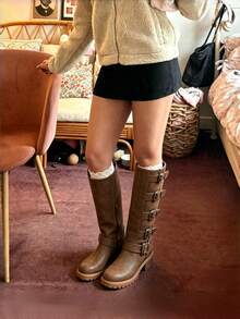 Fashion Riding Knee High Boots For Women Round Toe Mid Chunky Heel Buckle Side Zipper Wide Calf Boots Winter Outdoor Footwear For Women - 棕色 - 查看 3