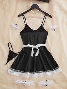 6-Piece Lolita Party Costume Set (Headband, Leg Rings*2, Arm Sleeves*2, Thong, Dress, Apron), Kawaii Maid Outfit For Role Play, Lace Backless Apron, COSPLAY Accessories Set For Women, Anime Cosplay - Black and White - View 2