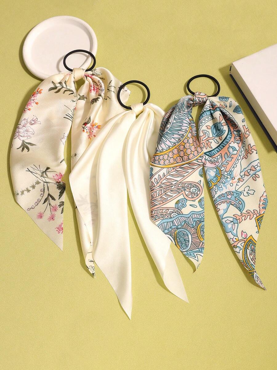 3pcs Solid & Floral Print Pattern Triangular Scarf Hair Tie, Polyester Casual Bohemian Headdress - Multicolor - View 1