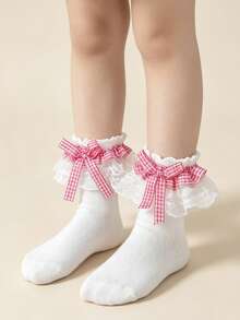1 Pair Cotton Children's Lace Plaid Bow Ruffle Dance Princess Fashion Versatile Party Socks - Pink - View 6