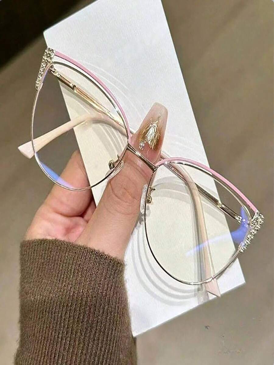 法式奢华水钻猫眼眼镜框，防蓝光透明镜片，柔美优雅风格 - 淺粉色 - 查看 1