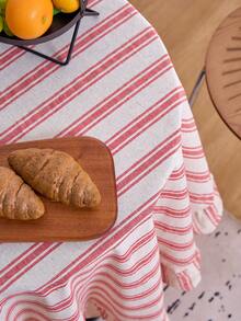 1pc Striped Ruffle Edge Round Table Decor Cloth, Vintage American Style Ruffle Edge Kitchen Decor, Round Living Room Decor Cloth, Valentine's Day Dining Table Decor - Red - View 10