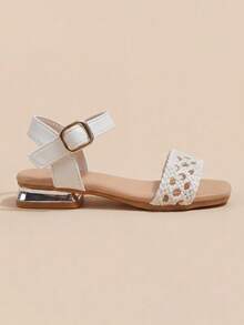Girls' Flat Sandals, White Woven Hollow-Out Ankle Strap Square Toe With Metal Buckle Non-Slip Sole - White - View 4