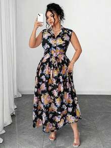 Vestido casual de verano con estampado floral para mujer de talla grande - Negro 2 - Ver 4