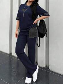 女士春秋季圆领短袖T恤和松紧腰宽松长裤两件套，休闲日常夏季穿着 - 寶藍色66 - 查看 3