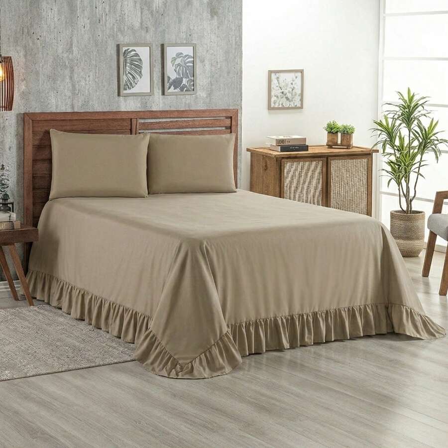 Laila Queen Size 400 Thread Count Quilt Set With Ruffle, 3 Pieces, Micropercal - Beige - View 1