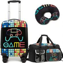 3件套男童行李套装，包括背包、旅行包、拉杆箱和U型枕，儿童礼物，适合返校季（带把手或不带把手的颈枕随机发货） - 旅行箱 3 件套 - 查看 10