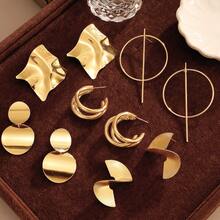 10pcs Luxury Asymmetrical Crinkle Fan-Shaped Metal Pendant Earrings Set, Fashionable High-End Design, Suitable For Daily Wear - Yellow Gold - View 4