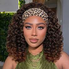 Kinky Headband Wig 12 Inch Deep Curly Headband Wigs For Women Glueless No Lace Deep Curly Half Hair Wigs Dark Almond Brown - 1b/30 - 查看 1