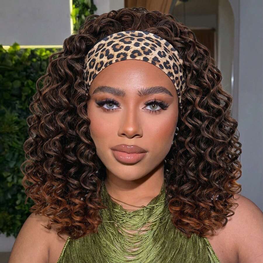 Kinky Headband Wig 12 Inch Deep Curly Headband Wigs For Women Glueless No Lace Deep Curly Half Hair Wigs Dark Almond Brown - 1b/30 - 查看 1