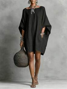 2026 European And American Spring/Summer Casual Fashion Imitation Cotton-Linen Batwing Loose Dress - Đỏ - Xem 7