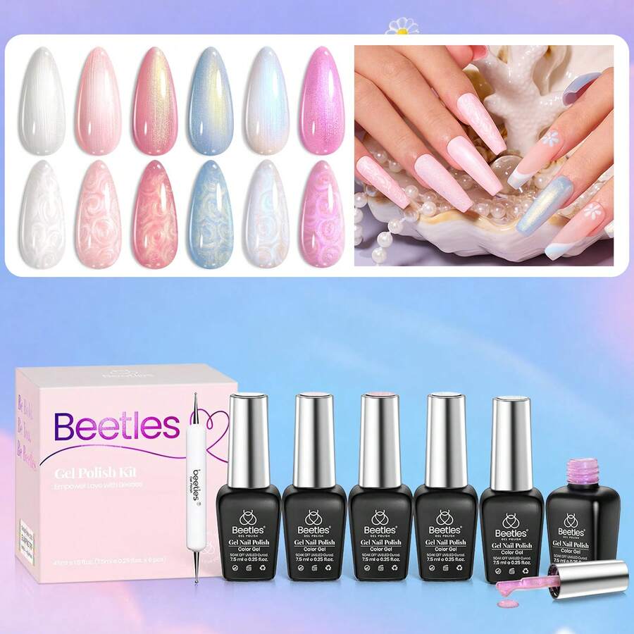 Beetles Pearl Gel Nail Polish, 6 Colors Shimmer Pearl White Pink Purple Mermaid Nail Drawing Spring Gel Polish - 6 Colors Pearl White - 查看 1