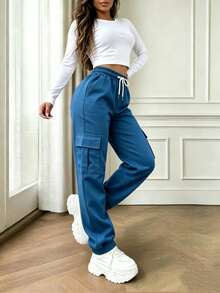 Pantalones casuales con múltiples bolsillos y botones, elegantes y lindos, de peso ligero, en estilo Y2K. Adecuados para volver al colegio, graduación, clubes, fiestas de cumpleaños, Halloween, Año Nuevo, Acción de Gracias, conciertos, gimnasios, playas, vacaciones, negocios, uso diario en el aeropuerto, estilo callejero, Día del Maestro, primavera, verano, otoño e invierno. - Azul - Ver 5