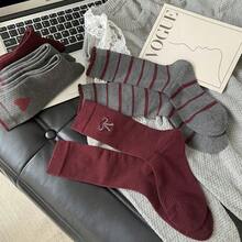 5双装女士酒红色和灰色短袜，饰有蝴蝶结、爱心、条纹和波点图案，休闲中筒袜 - 軍綠色 - 查看 1