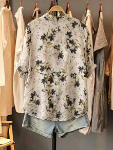YUXIN Blusa de mujer con estilo francés, con estampado floral pequeño en negro, de cuello y manga 3/4, adecuada para ir al trabajo y de vacaciones, con ajuste transpirable y diseño artístico, para verano - Negro - Ver 5