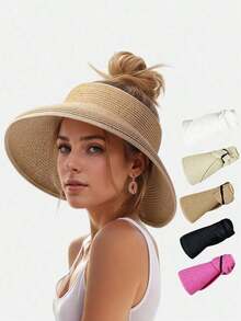 1pc Women's Wide Brim Ponytail Sun Hat - Foldable Rolled Brim Straw Beach Hat, UV Protection, Packable Bohemian Style Summer Sun Hat,Vacation - A - Xem 13