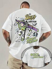(Disney Licensed)Disney Toy Story Buzz Lightyear "To Infinity And Beyond" Retro Comic Style Front And Back Print Men's Oversized Crew Neck Short Sleeve Graphic T-Shirt, Nostalgic Fun Casual Streetwear Tee For Men Summer Daily Wear, Disney Officially Authorized Men's Short-Sleeved T-Shirts, Mens Clothes, Men, Ropa De Hombre, Summer Clothes, Men Shirts, Graphic Tees, Disney Outfits Men, Graphic Tees, Camisetas Para Hombre, Camisas Para Hombre, Summer Outfits For Men, Father's Day Gift, Perfect Gift For Family And Friends, Which Are Necessary For Birthday Parties, Disney Shirts, Mens Clothes, Summer Clothes, Officially Licensed Disney T-Shirts, Disney Men's And Women's Spring/Summer Fashion Casual Short-Sleeve T-Shirts - White - View 1