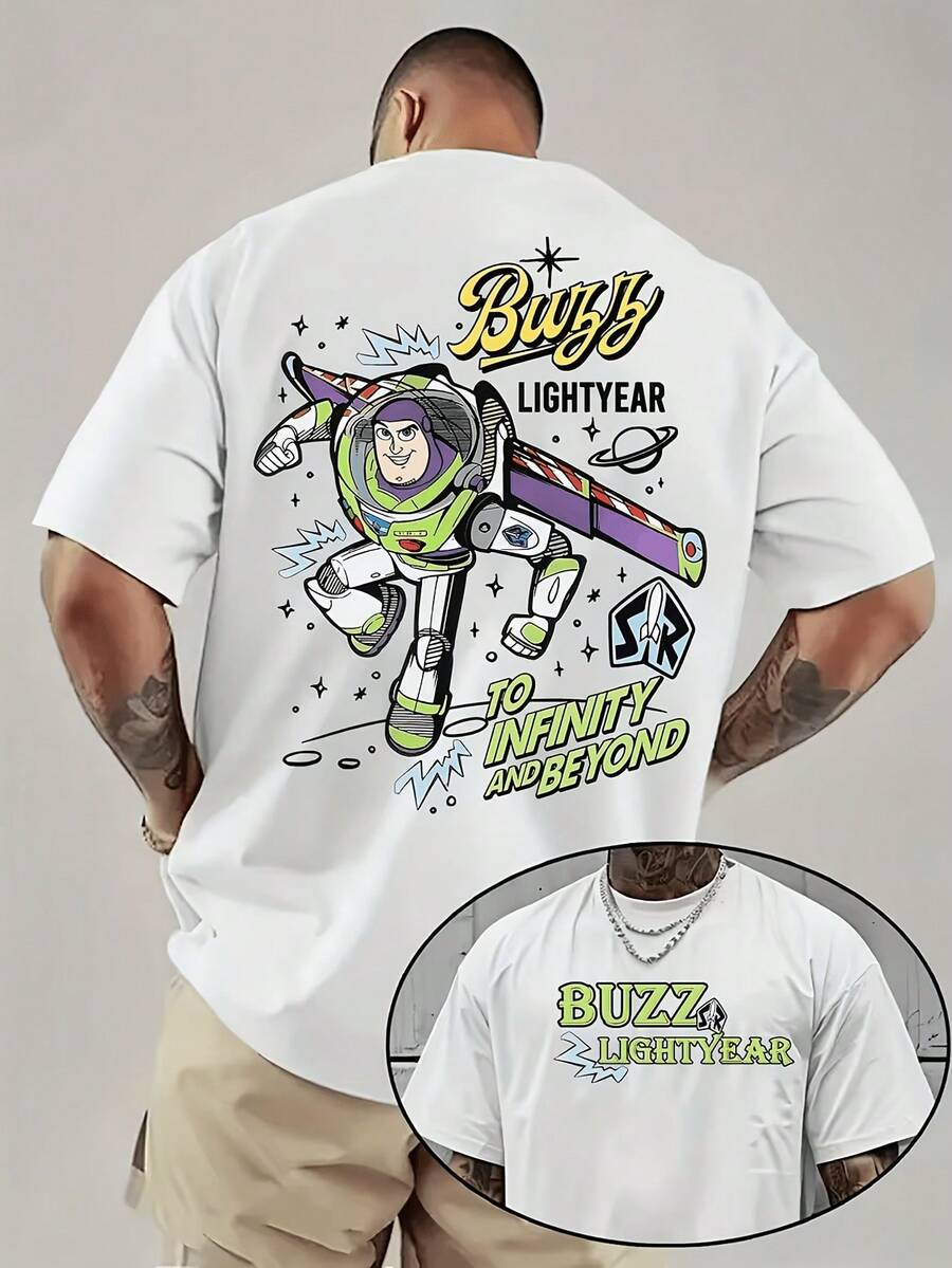 (Disney Licensed)Disney Toy Story Buzz Lightyear "To Infinity And Beyond" Retro Comic Style Front And Back Print Men's Oversized Crew Neck Short Sleeve Graphic T-Shirt, Nostalgic Fun Casual Streetwear Tee For Men Summer Daily Wear, Disney Officially Authorized Men's Short-Sleeved T-Shirts, Mens Clothes, Men, Ropa De Hombre, Summer Clothes, Men Shirts, Graphic Tees, Disney Outfits Men, Graphic Tees, Camisetas Para Hombre, Camisas Para Hombre, Summer Outfits For Men, Father's Day Gift, Perfect Gift For Family And Friends, Which Are Necessary For Birthday Parties, Disney Shirts, Mens Clothes, Summer Clothes, Officially Licensed Disney T-Shirts, Disney Men's And Women's Spring/Summer Fashion Casual Short-Sleeve T-Shirts - White - View 1