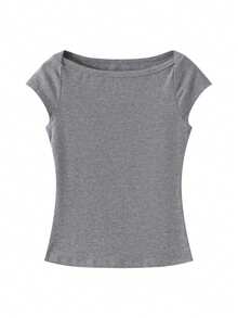 女款夏季短袖 T-shirt，設計感船領修身優雅灰色針織上衣，休閒風格 - 花灰色 - 查看 8