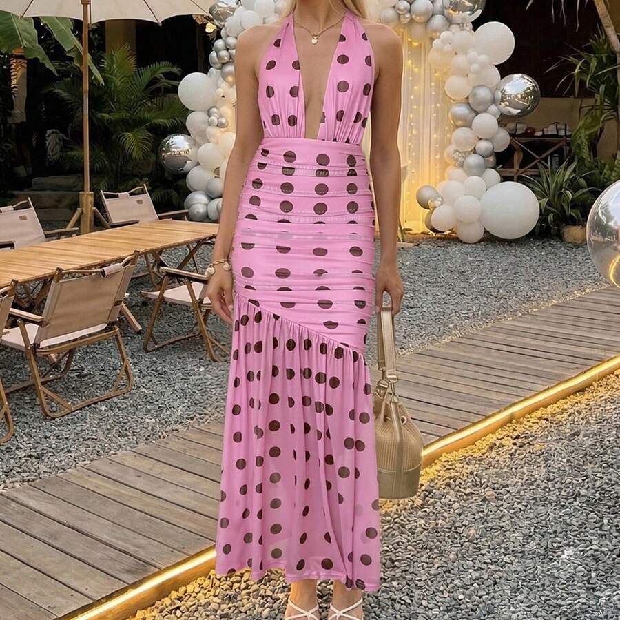Vestido largo halter elegante para mujer, estampado de lunares, sin mangas, con espalda descubierta, ideal para fiestas y citas nocturnas. - Rosa - Ver 1