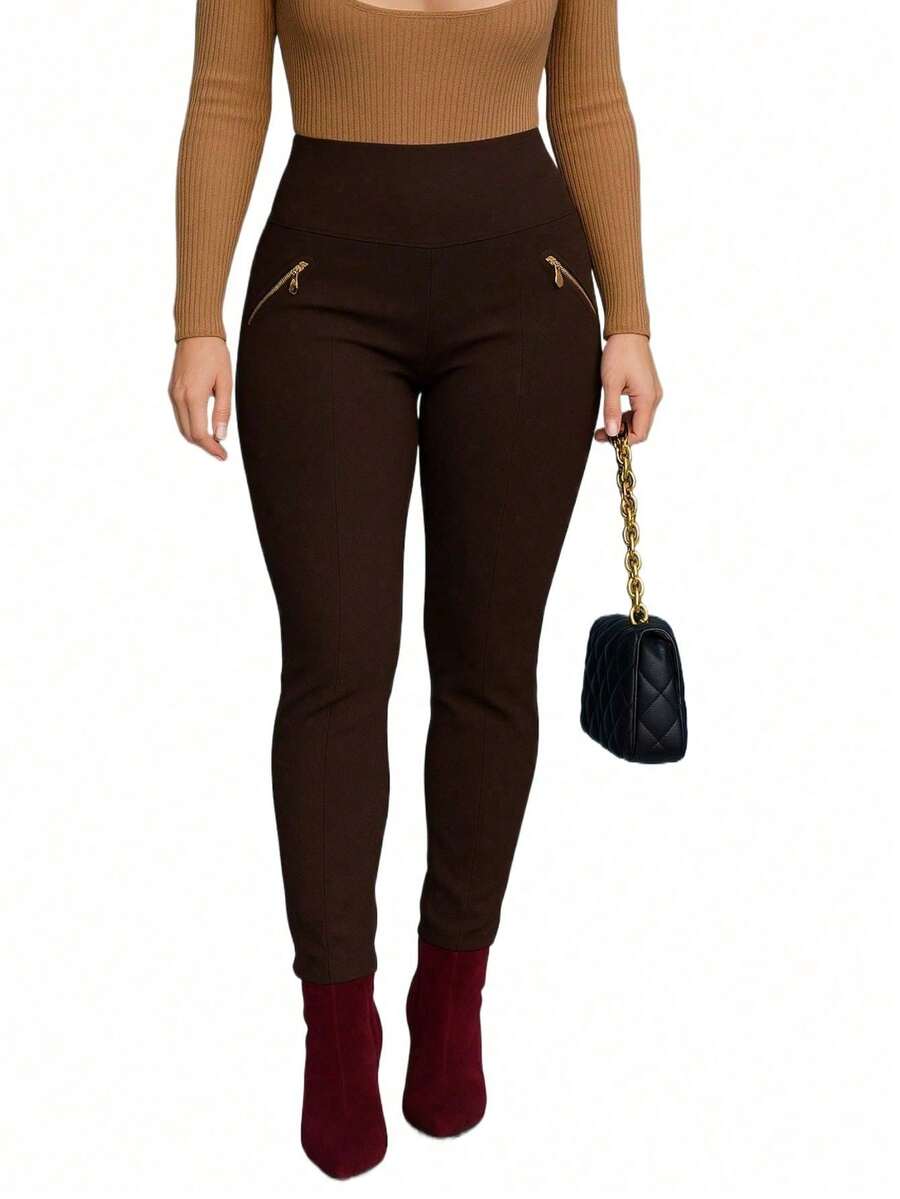 Women's Riding Pants, High Waist, Ribbed, With Gorgurinho Detail - Dark Brown - View 1