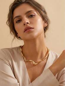 Conjunto Feminino Colar + Brincos Ondulados – Estilo Luxo Minimalista Dourado/Prata - Dourado - Visão 2