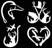 4 Pack Hunting Decals - Land, Air, Sea Wildlife - Includes Deer Antler, Duck, Fishing Hook Designs - White, Approx. 3.5 Inch - D - View 1