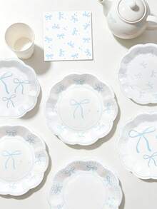 10pcs/20pcs/70pcs/120pcs Light Blue & White Bow Theme Birthday Party Decorations Paper Plates Paper Napkins Paper Cups Tableware Set, Bow Theme Supplies For Bachelor/Bachelorette Wedding Bridal Shower Decor, Suitable For Men And Women - Blue and White - View 6