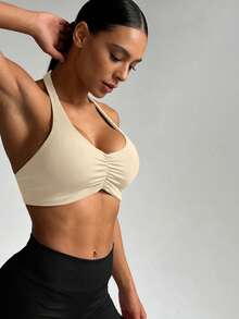 NcmRyu 1pc Women Solid Color Ruched Criss-Cross Backless Sports Crop Top - White - View 8