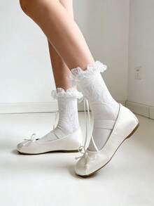 1/3 Pairs Cute Versatile Hollow Lace Ruffle Bow Mid-Calf Socks - Multicolor - View 5