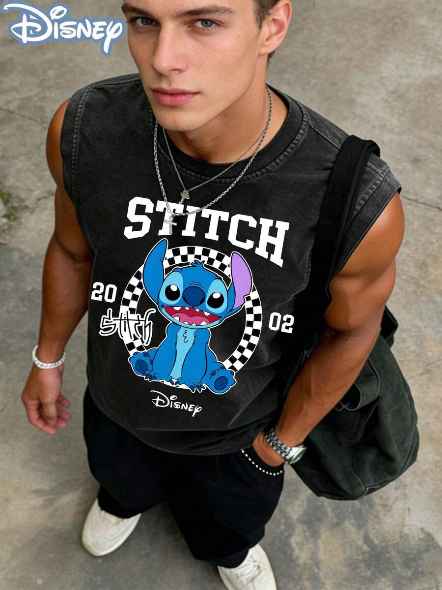 Disney Lilo & Stitch 2002 Checkered Officially Licensed Men's Sleeveless Graphic Tee, 100% Cotton 230g Washed Vintage Shirt - màu đen - Xem 1