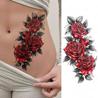 1 Tờ Hình Xăm Tạm Thời Chống Thấm Nước Kích Thước Lớn, Dành Cho Cả Nam và Nữ, Hình Xăm Giả Nghệ Thuật Cơ Thể, Họa Tiết Hoa Hồng Đỏ và Lá Đen, Giữ được 2-5 ngày, Có thể che sẹo, Có thể dán lên cánh tay, vai, cổ, ngực, eo, chân.