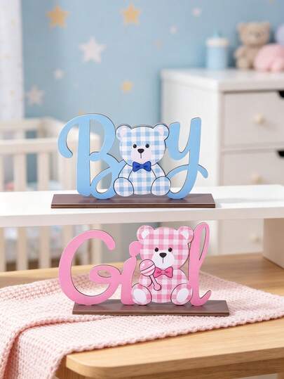 2pcs Cute Plaid Bear Wooden Desk Sign, Blue "Boy" And Pink "Girl" Letter Vertical Decor, Gender Reveal Party Centerpiece, Baby Shower Decoration, Cake Table Decor