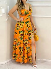 Maxi Length All-Over Floral Print Casual Bohemian Party High Slit Thigh Slit Beach Vacation Dress, Summer Elegant - Orange - View 6