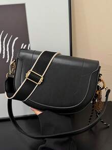 ZA New Autumn Women's Burgundy Saddle Bag, Contrast Stitching Design, Top Handle One Shoulder Crossbody Flap Rigid Bag - Black - View 6
