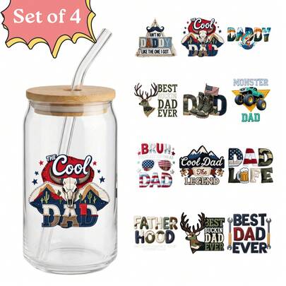 4pcs Father's Day UV DTF Wrap (9.4x4.3in), Cool Dad Western Cowboy, Fishing Hunting Monster Truck Daddy Decals, Patriotic USA Flag Dad Life Sticker For 16oz Glass