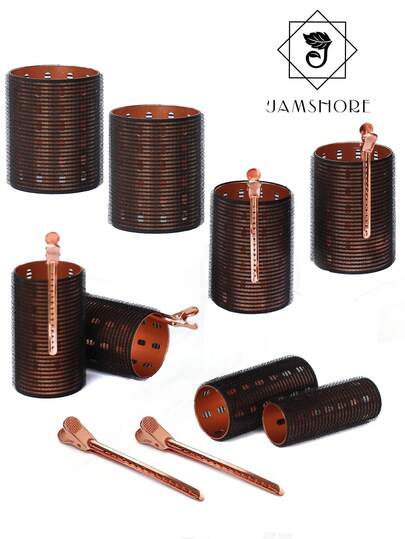 Jamshore 6pcs/Set Magic Tape Aluminum Core Jumbo Curling Rollers, Rose Gold Self-Adhesive Quick Heating Ceramic Curling Irons, 90mm, No Heat Needed To Create Wavy Curls, Travel Essential, Hairstyling, Curling, Curling Iron, Curler, No Heat Curling, Curling Iron, Curler, Curl, Curling Tool, Curling Diffuser, Hair, Travel, Hairstyling Product, Hairstyling Tool, Hairstyling Accessory, Hairstylist, Salon Accessory, Salon, Hairstyling Equipment