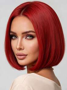 Wig Pendek Lurus Merah 12 Inci dengan Belahan Tengah dan Tanpa Poni, Wig Pesta, Sempurna untuk Halloween, Cosplay, dan Acara Kumpul-kumpul Liburan, Acara Khusus - Merah - View 2