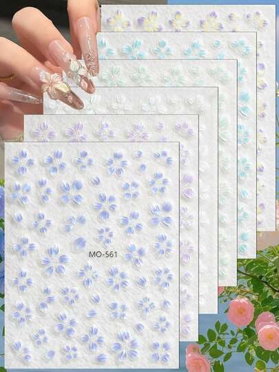 3/6 Sheets 5D Transparent Flower Nail Stickers Pearl Gradient Floral Nail Decals Aurora Jelly Nail Art DIY Decorations