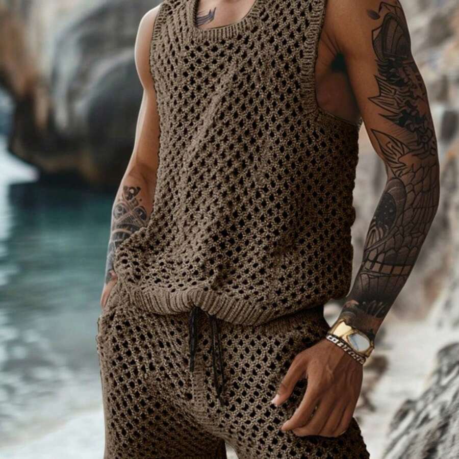 Men's 2pcs Bohemian Crochet Knit Outfit - Sleeveless Tank Top & Drawstring Shorts Set, Hollow-Out Breathable Lightweight Swimwear Suitable For Beach, Vacation, Gym, Outdoor, Casual Wear, Solid Color Crochet Swim Suits - Quần short tay ngắn màu nâu - Xem 1