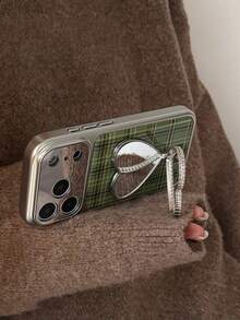 奢华绿色格子银边防震大窗口镜头手机壳，适用于 17 Pro Max、17 Pro、16 Pro Max、15、14 Pro、17，带心形镜面支架和亚克力背板 - 綠色 - 查看 5