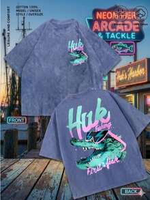 2026 "Huk Fishing First Fish" Men's Vintage-Style Printed T-Shirt, Featuring A Fun Crocodile Pattern Print, Casual Round Neck, Short Sleeves, 230g Was - 寶藍色 - 查看 17