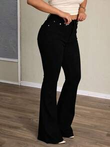 Black Denim Flared Trousers, Mid-Rise, Fitted And Stretchy - Black - View 4