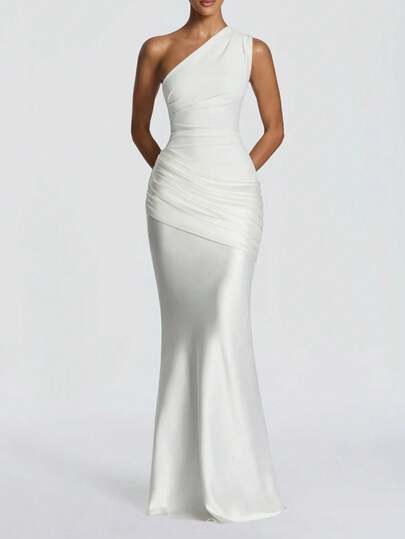 Elegant Off-Shoulder Summer Women's Satin Patchwork Dress, Suitable For Outings, Weddings, Parties, Clubs