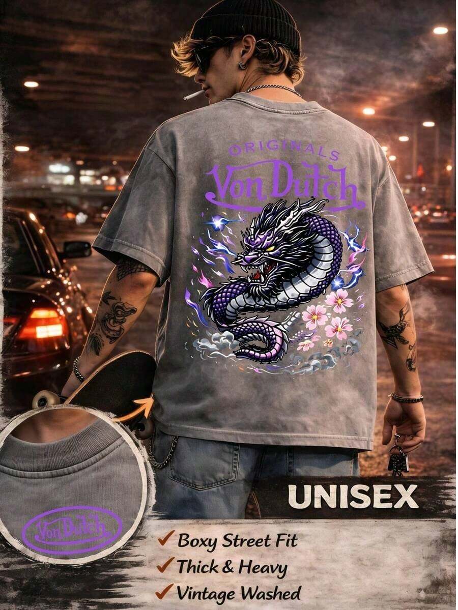 Mens Clothes;Summer TopsMen Black Washed Streetwear Fashion 100 Percent Cotton T Shirt Blue Dragon And Vons Dutchs Logo Print Casual Fits For Everyday Wear Front And Back Print Vintage Heavyweight Tee Perfect Gift Loose Comfortable Breathable Machine Washable Fabric Hip Hop Cool Style Drippy Clothes Y2Ksummer Outfits FMYX - Xám 10 - Xem 1